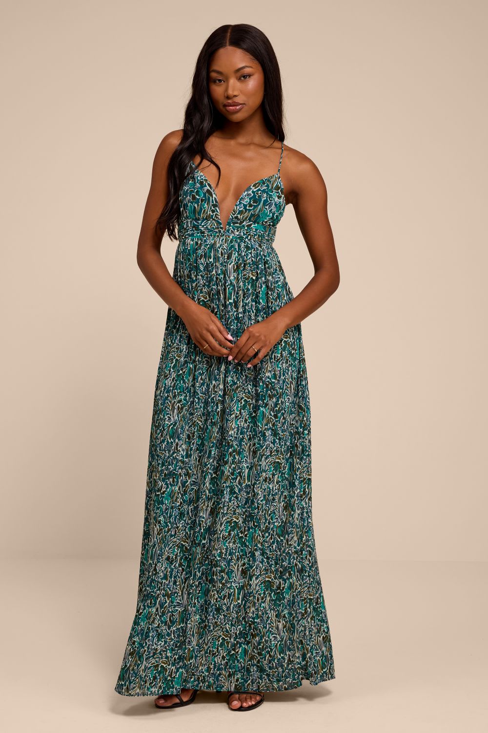 teal floral pleated dress