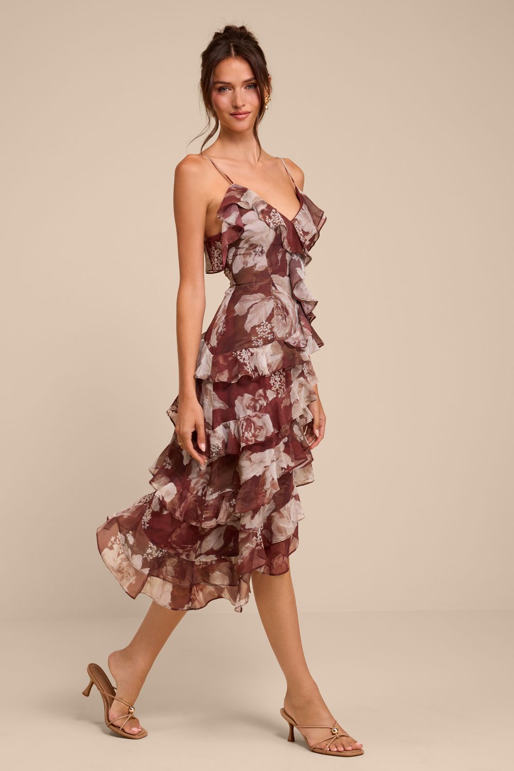 brown tiered floral dress