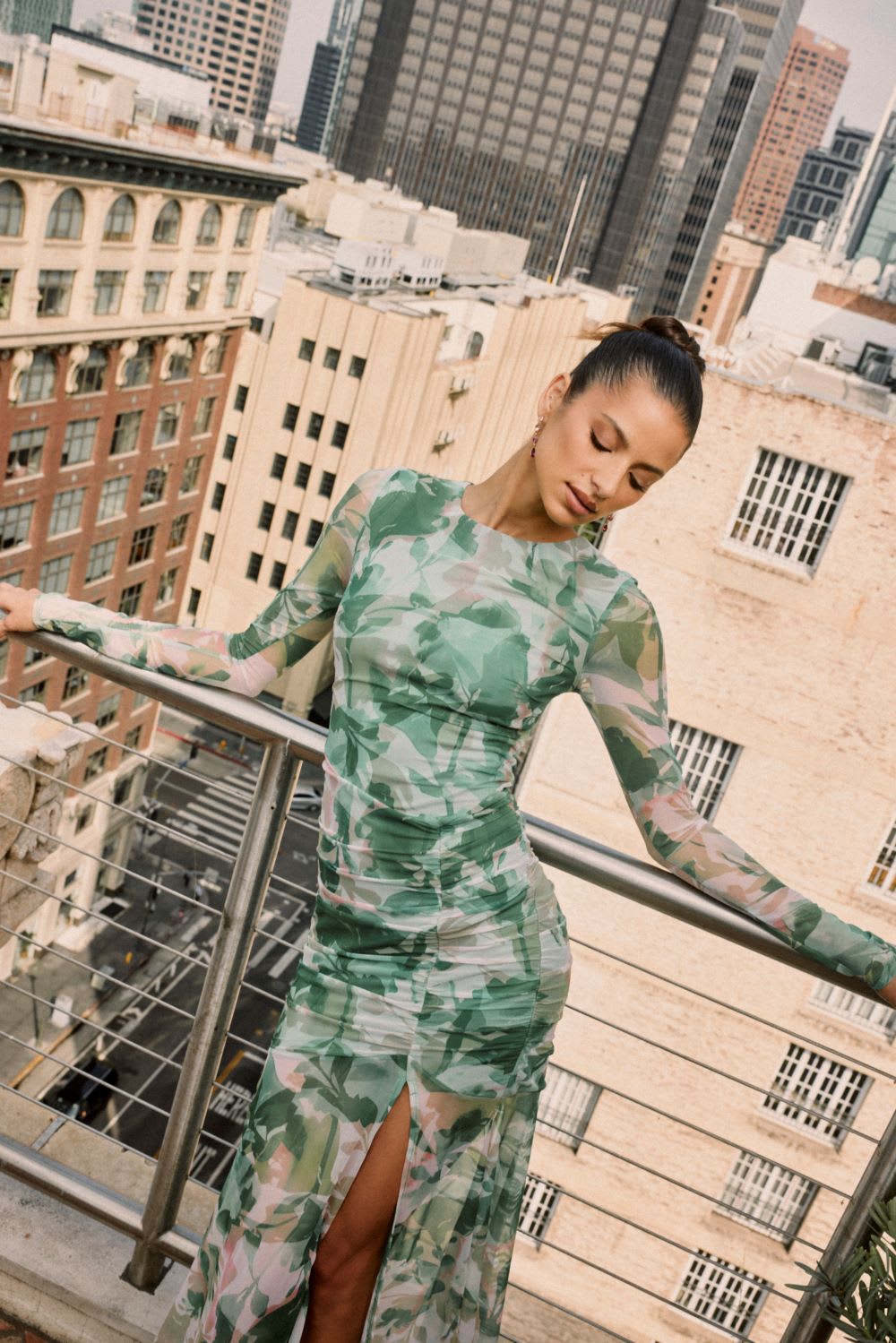 floral print mesh ruched maxi dress