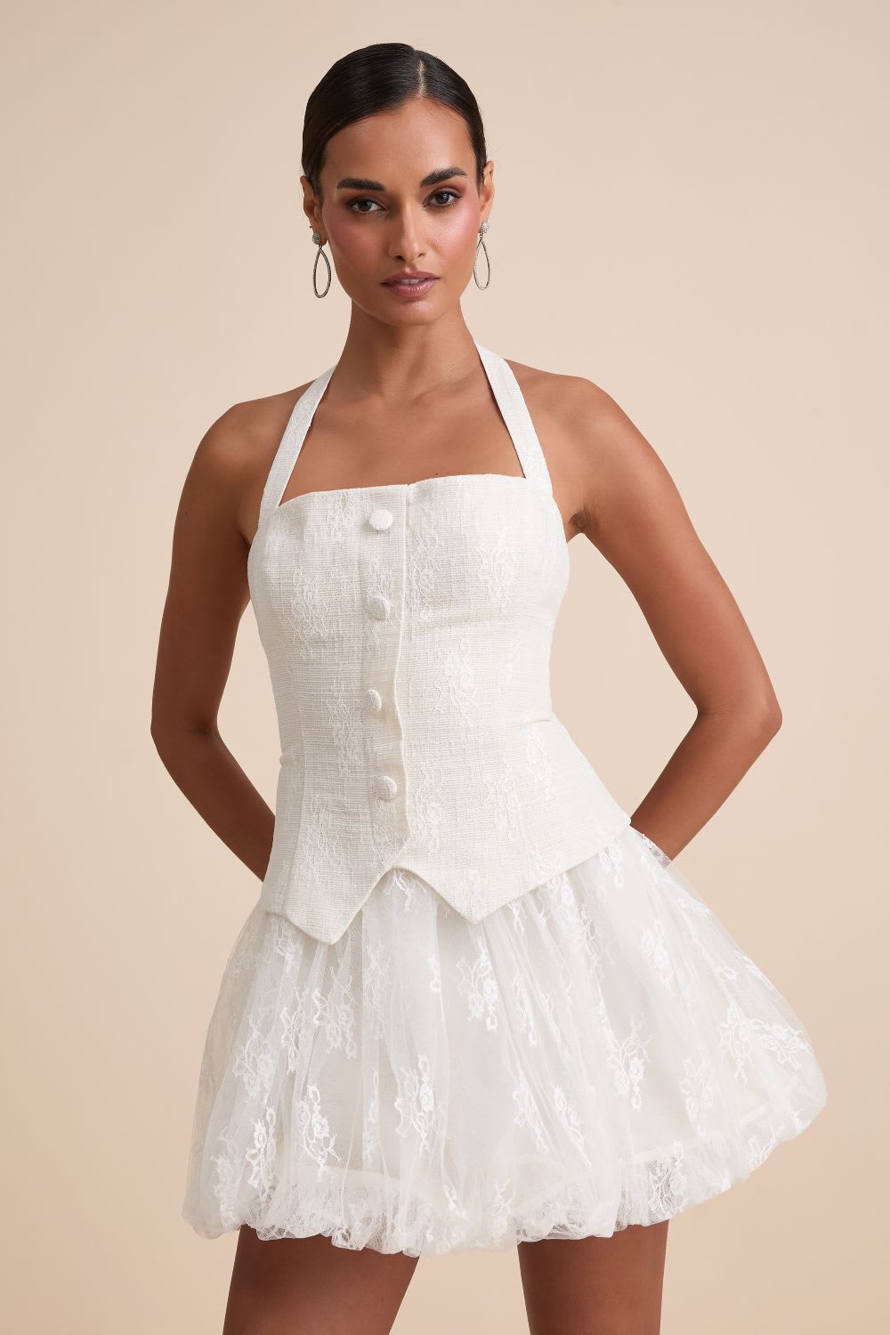ivory mixed media bubble hem mini dress