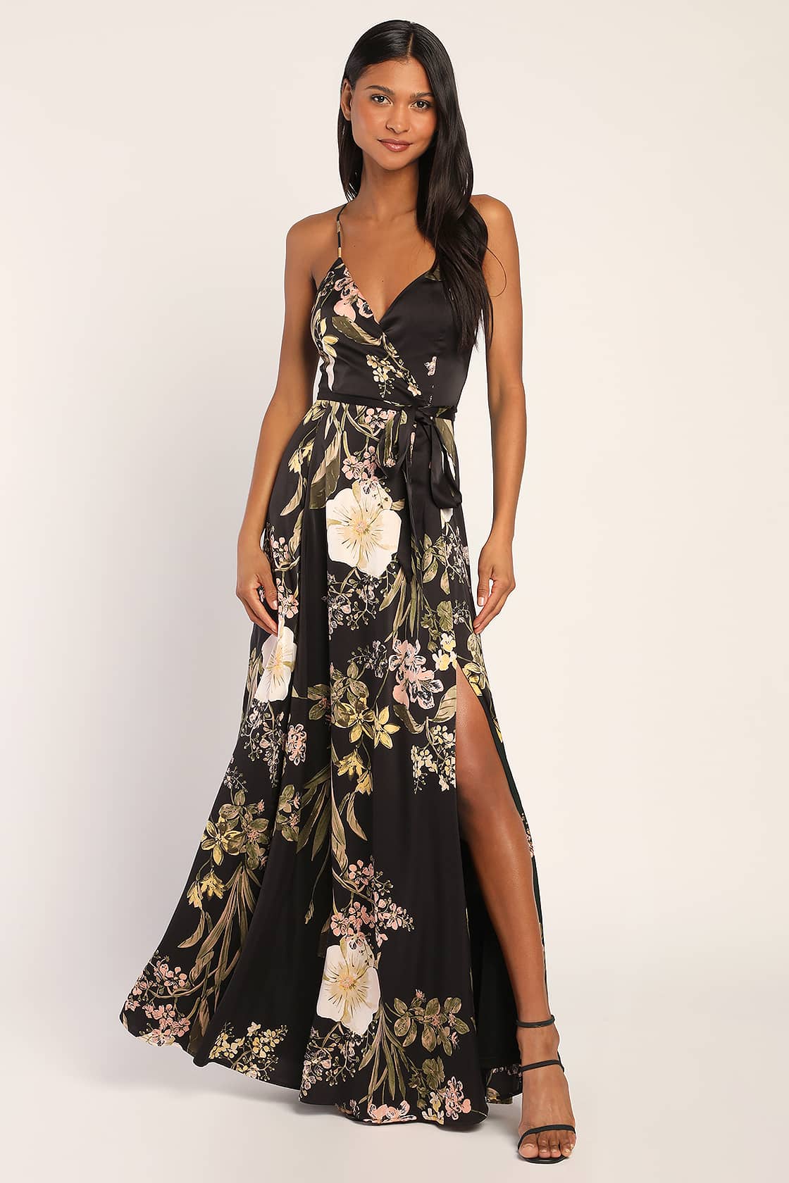 black floral print satin maxi dress