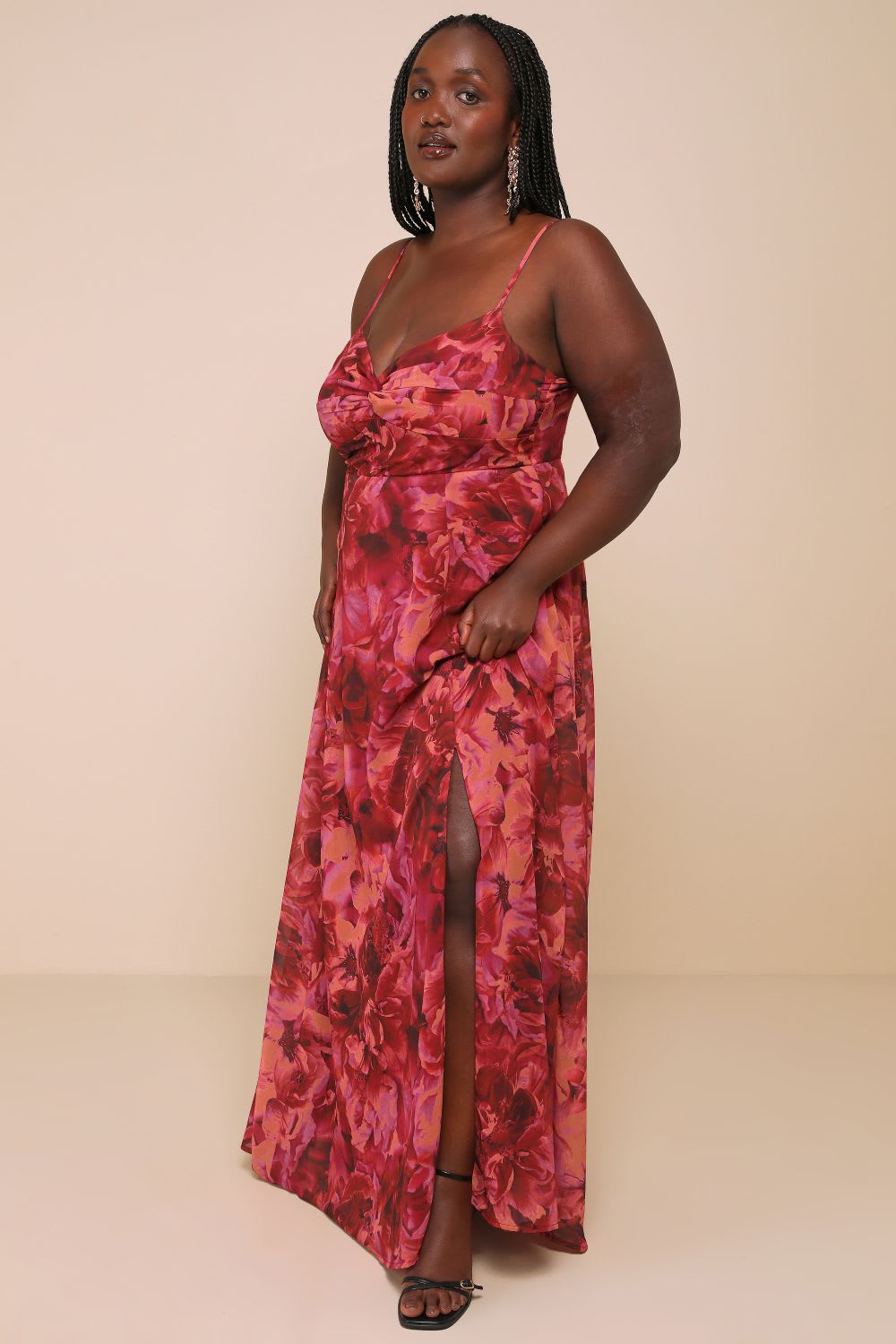 burgundy floral print twist front maxi dress