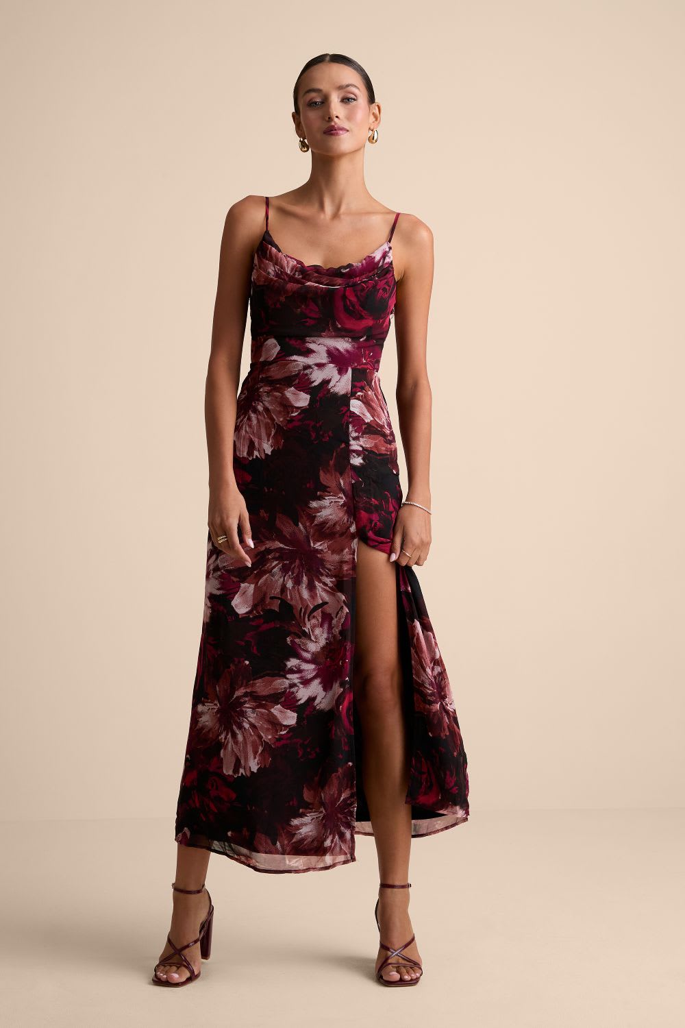burgundy floral print cowl neck midi dress