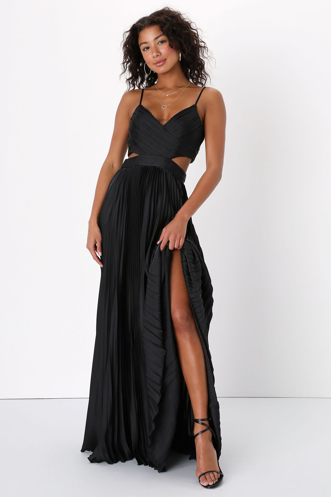 black pleated cutout maxi dress