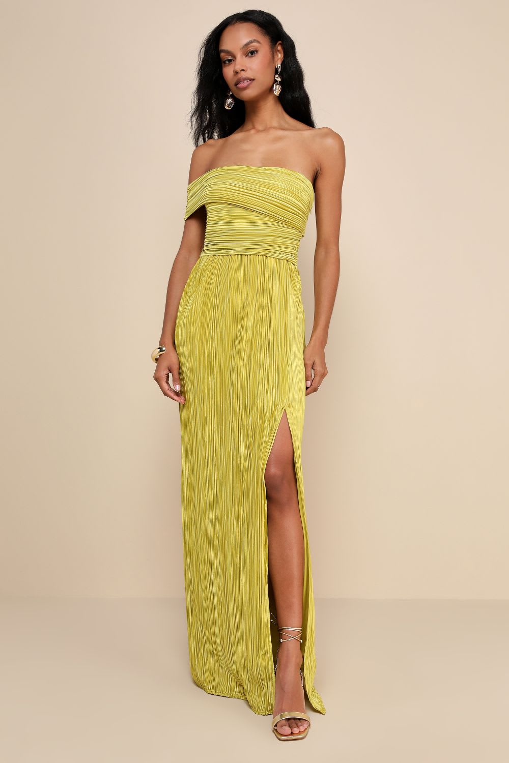 chartreuse plisse one shoulder maxi dress