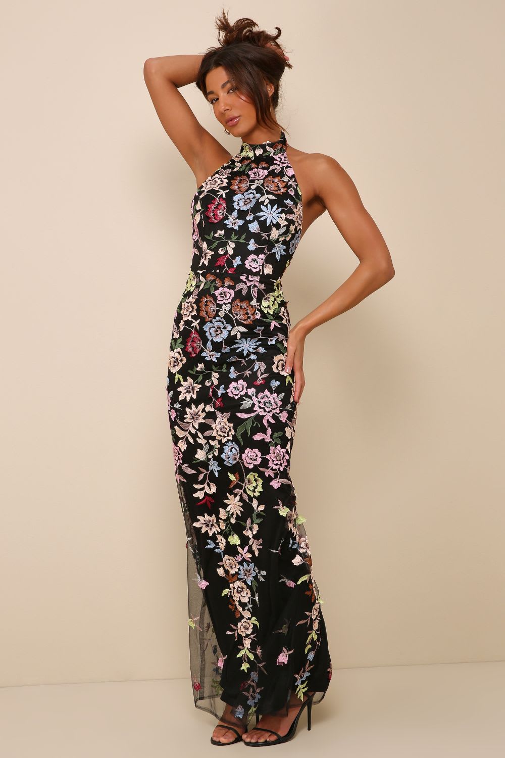 black 3d floral embroidered halter maxi dress