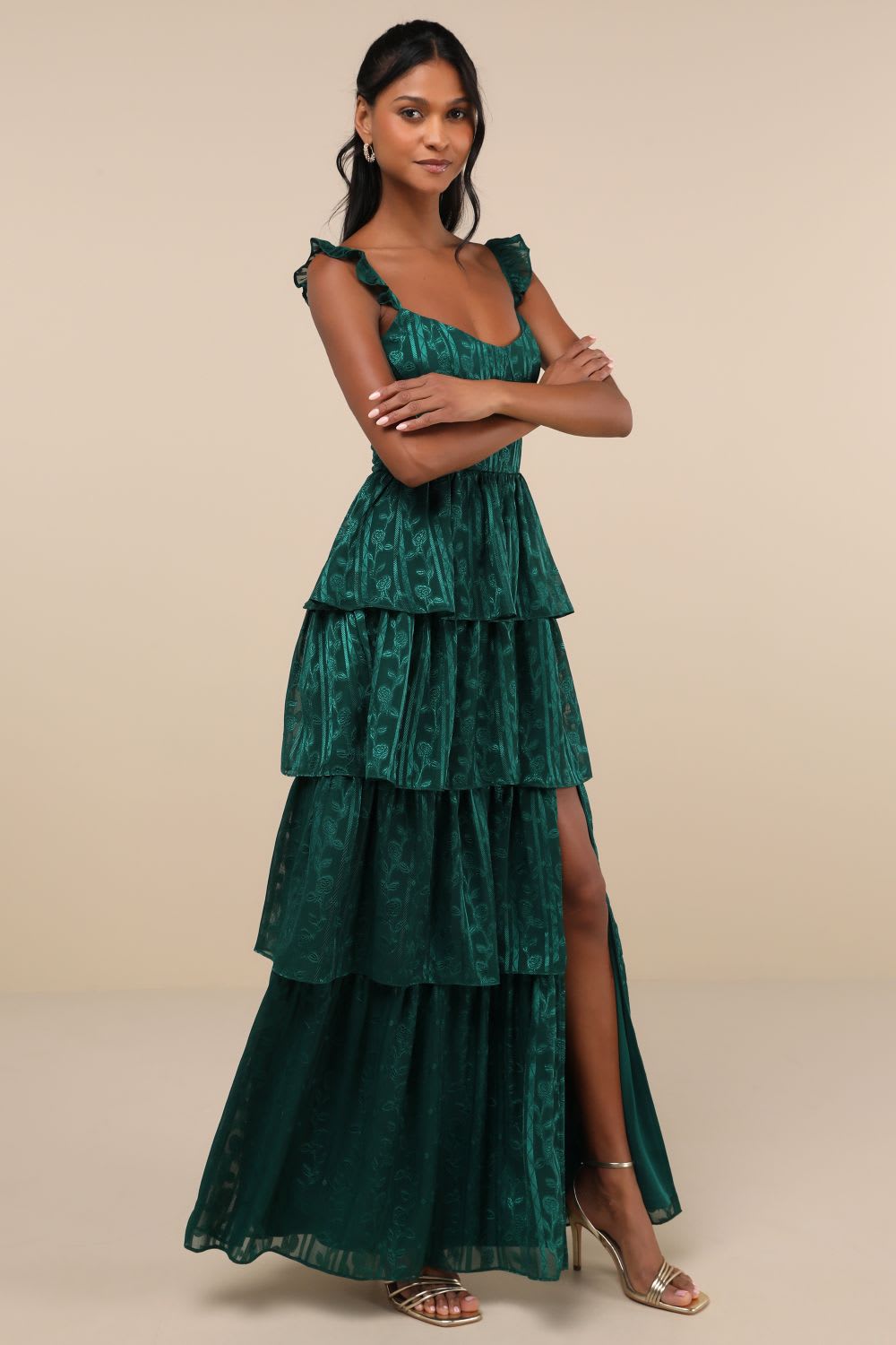 hunter green floral jacquard tiered maxi dress