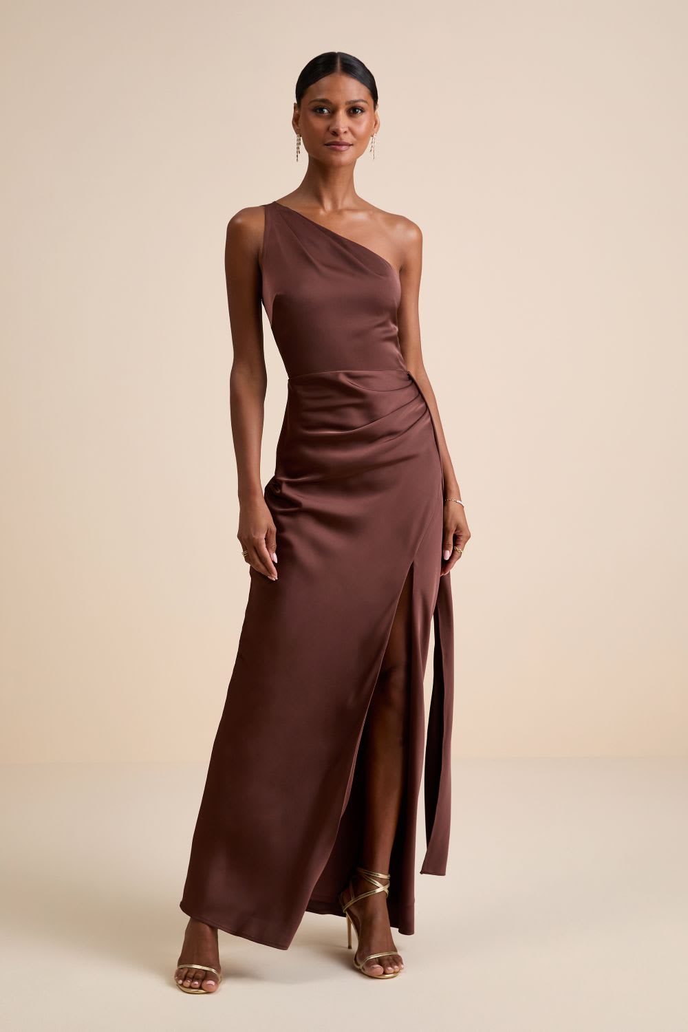 chocolate brown one shoulder maxi dress