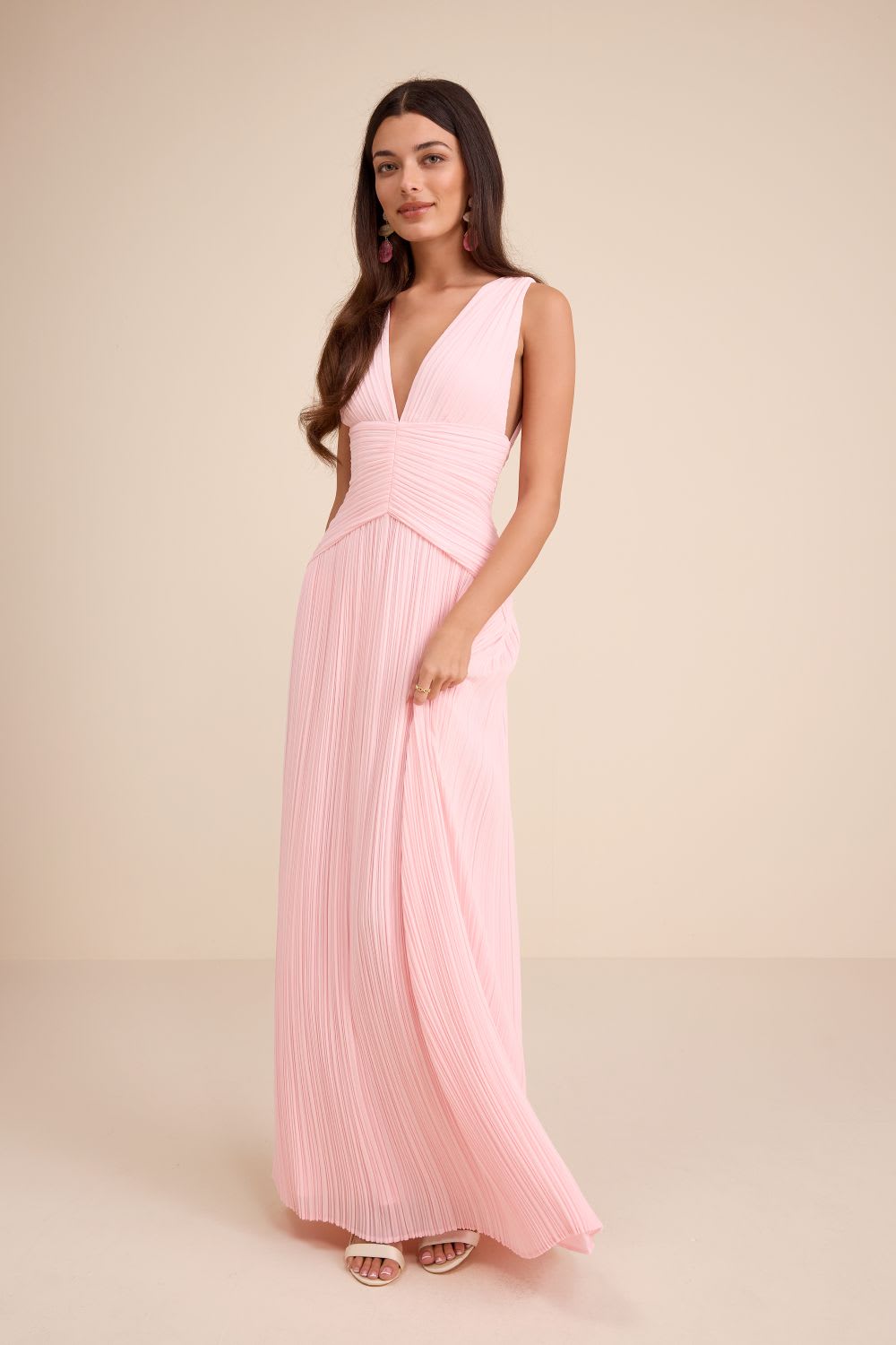 pink pleated drop waist maxi dress