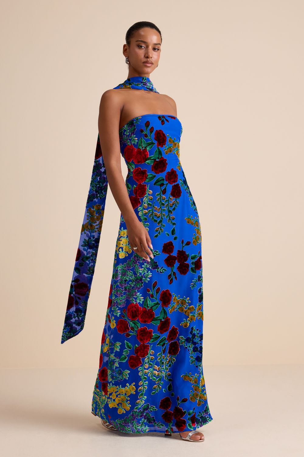 floral velvet burnout strapless maxi dress