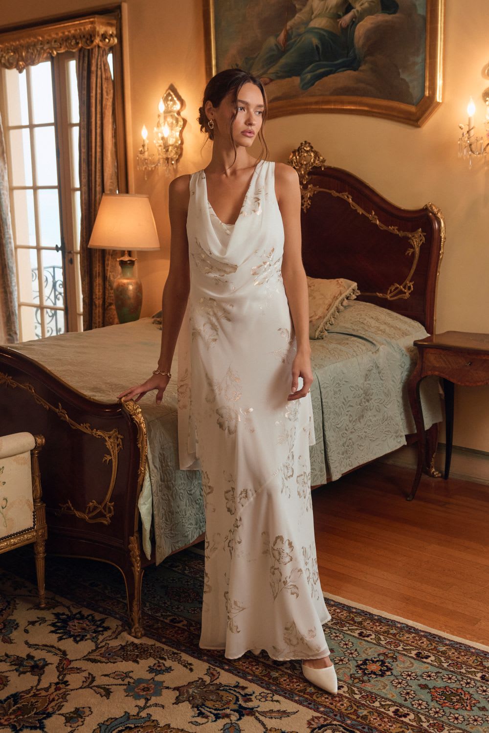 white and gowl floral cowl sash maxi dress