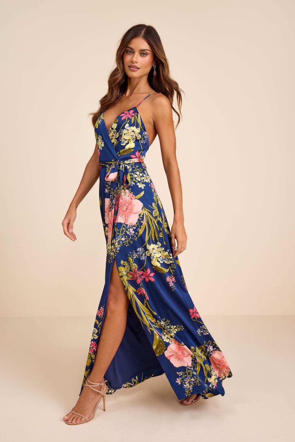 blue floral print satin maxi dress
