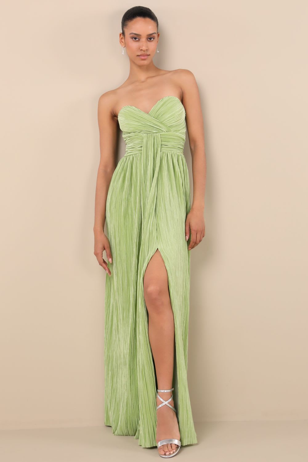 lime green satin plisse maxi dress