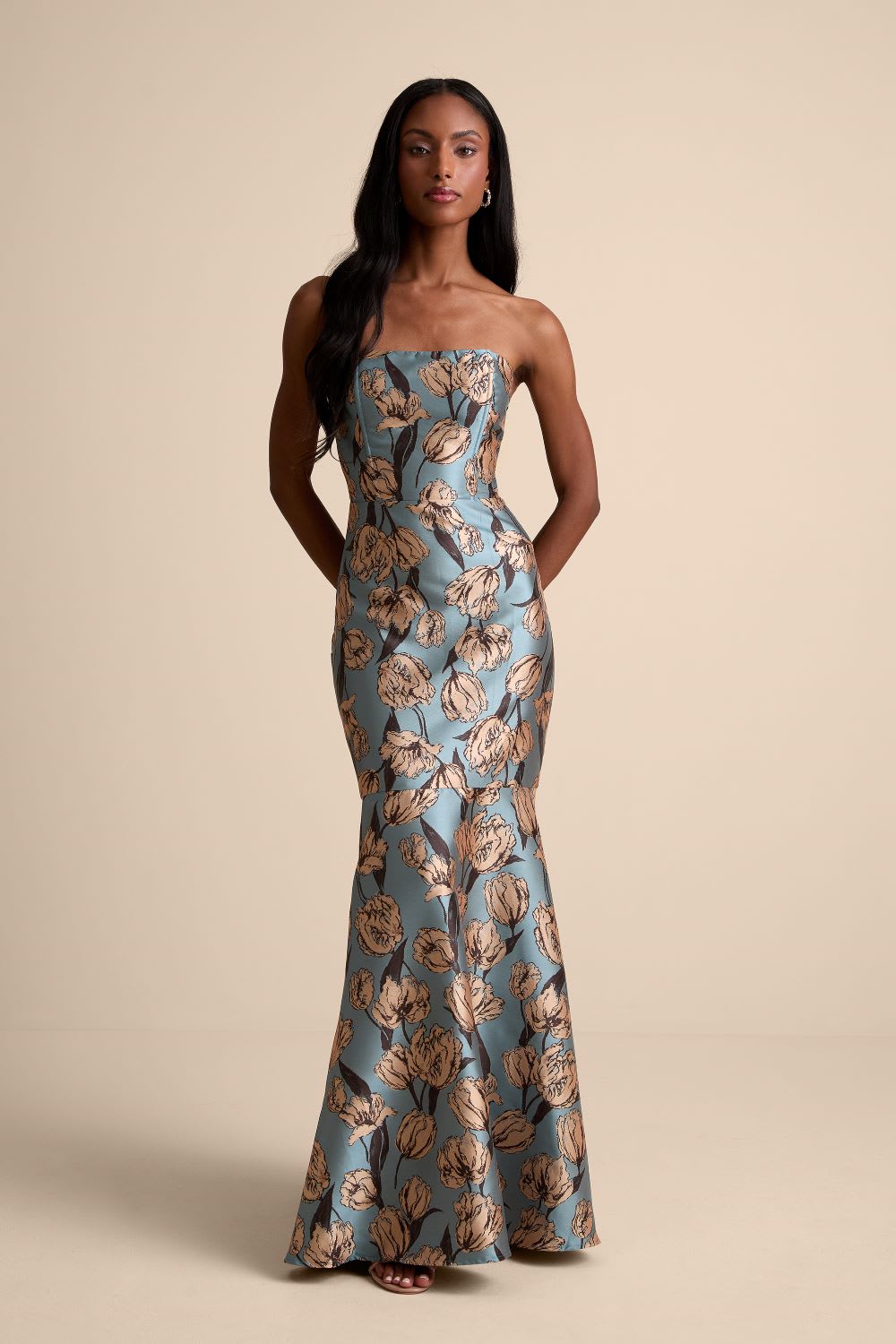 blue floral jacquard strapless maxi dress