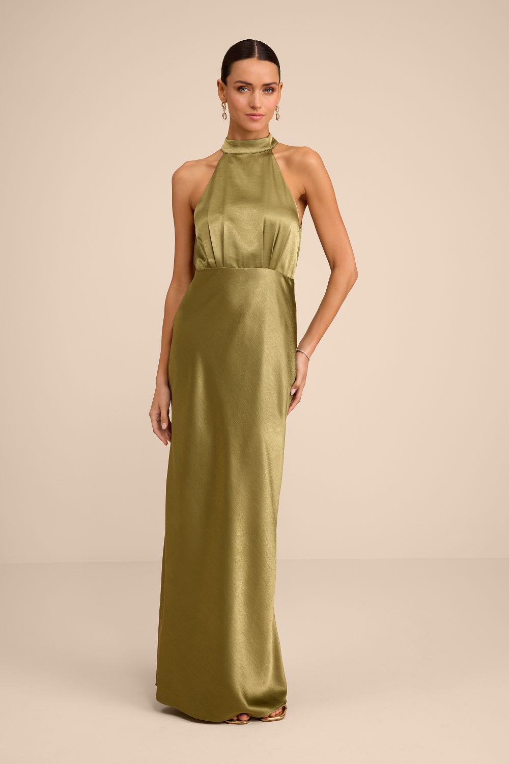 olive green satin mock neck maxi dress