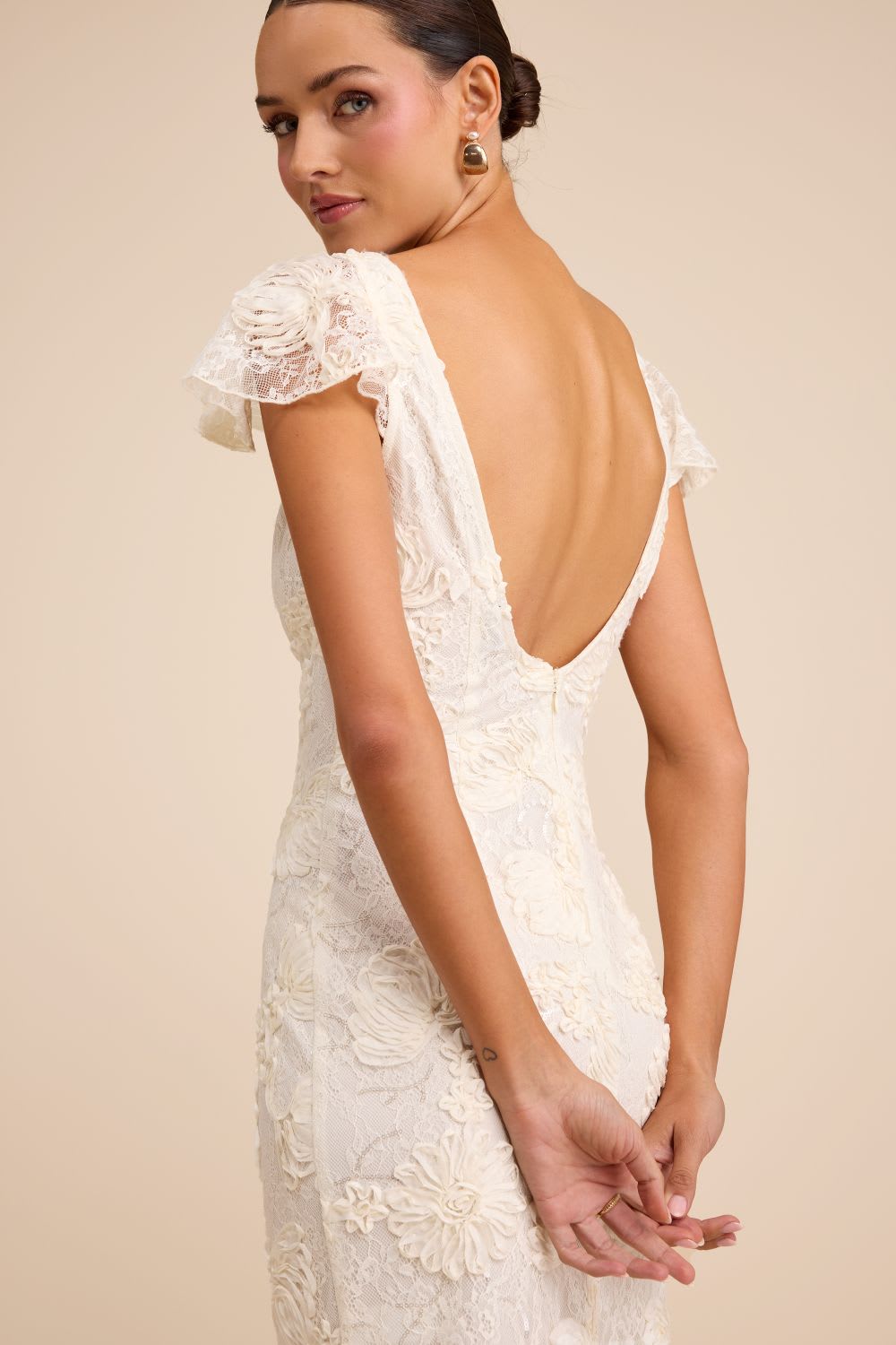 ivory lace flutter sleeve midi dress