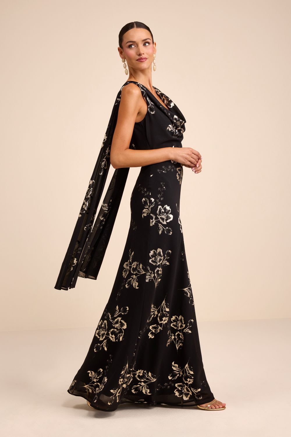 black and gold floral cowl sash maxi dress