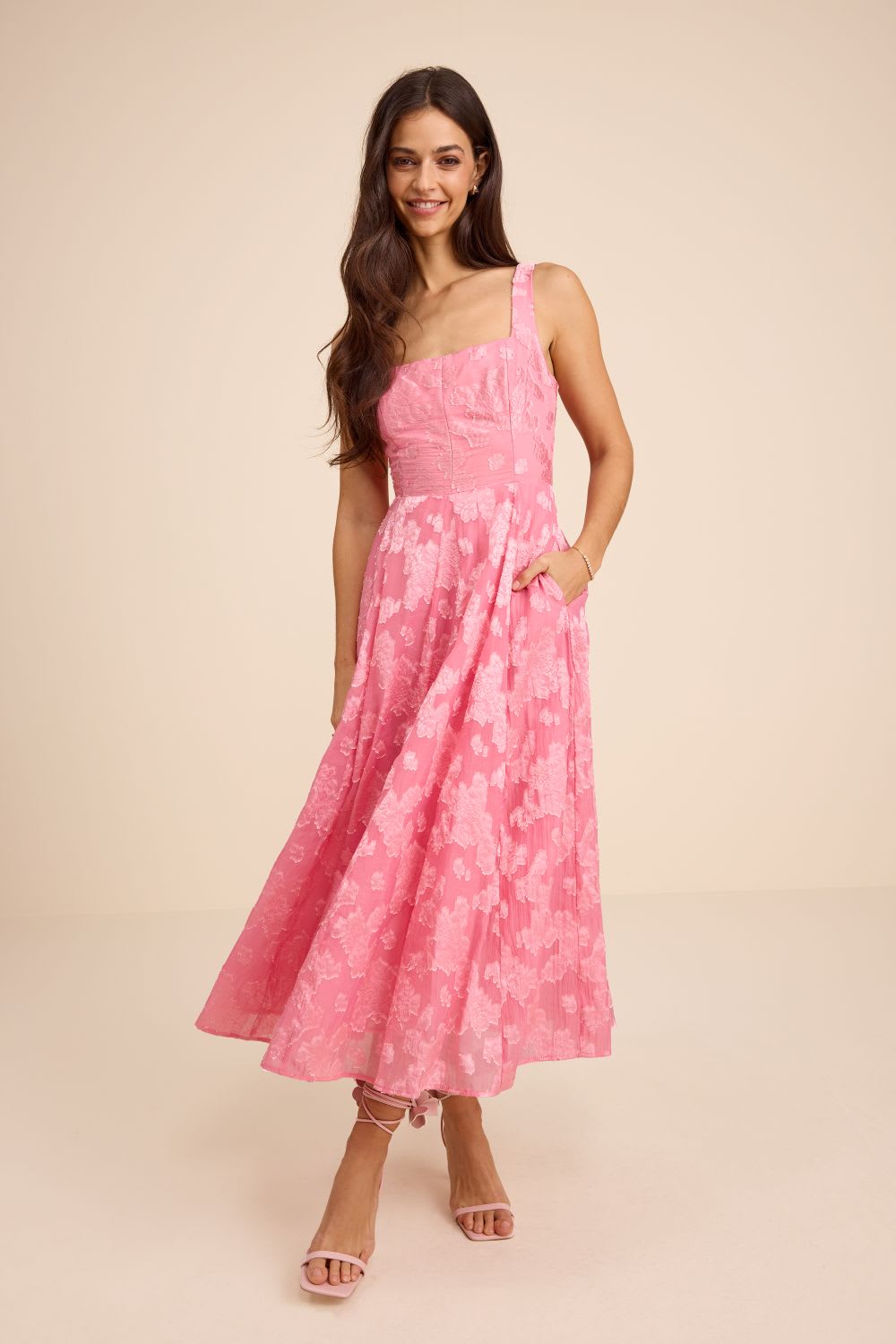 pink floral jacquard midi dress