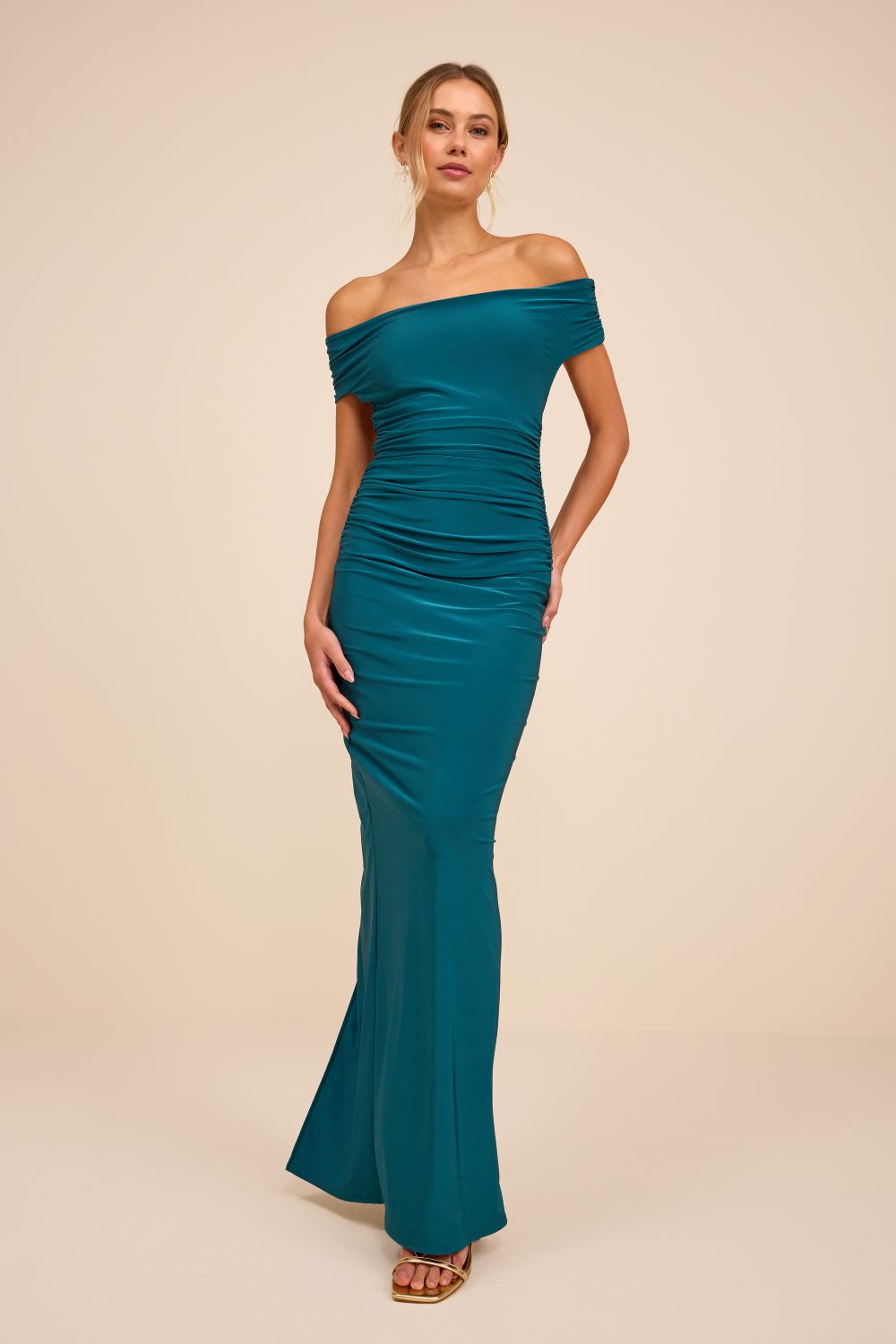 teal off the shoulder maxi dress