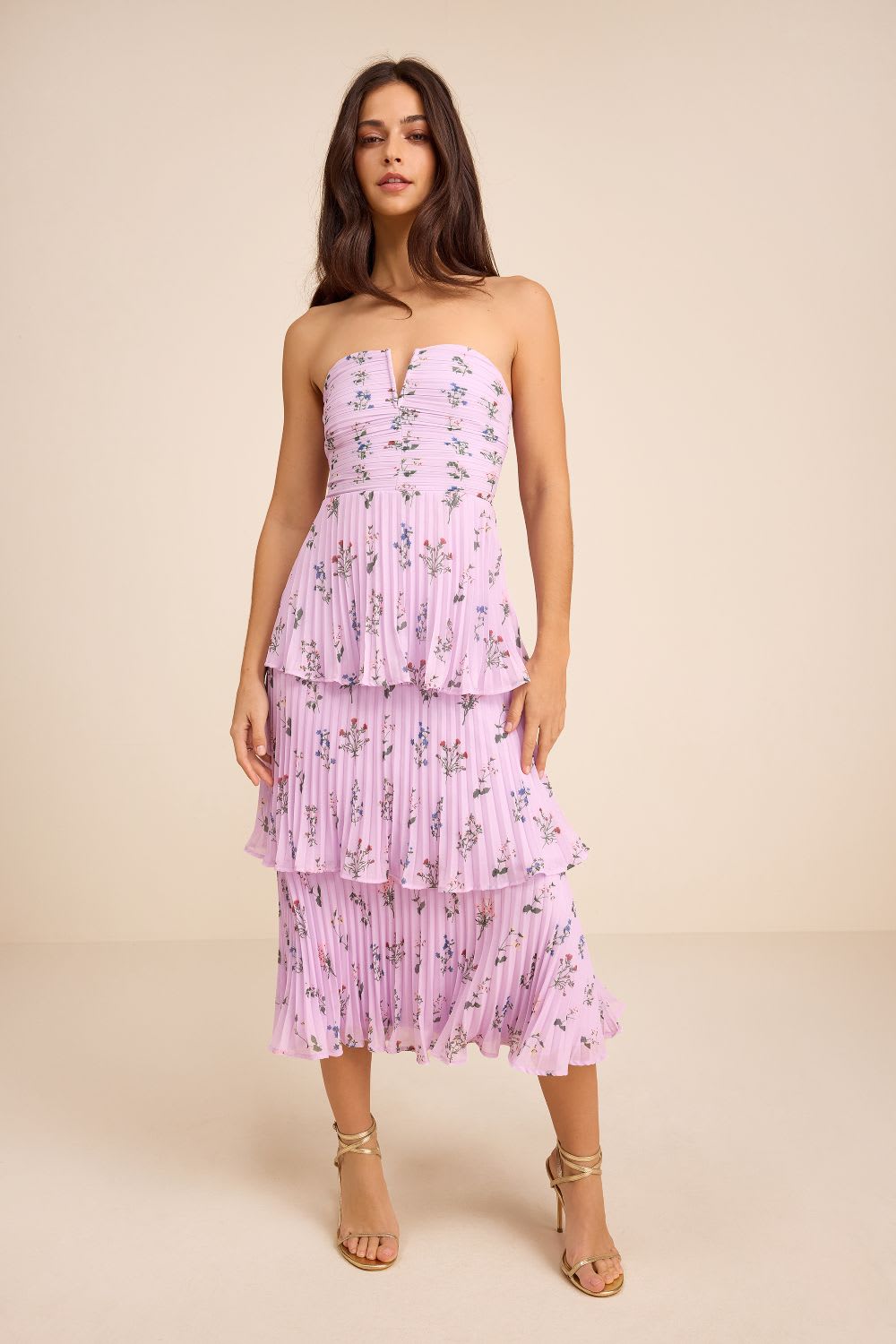 floral pleated tiered midi dress