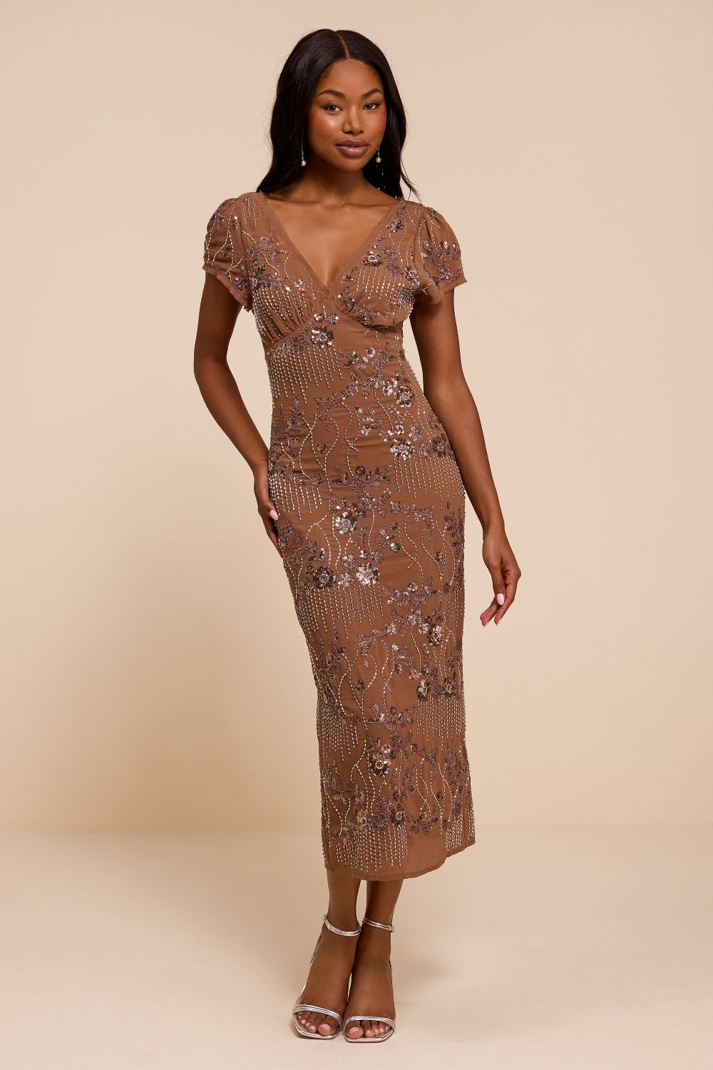 brown sequin midi dress