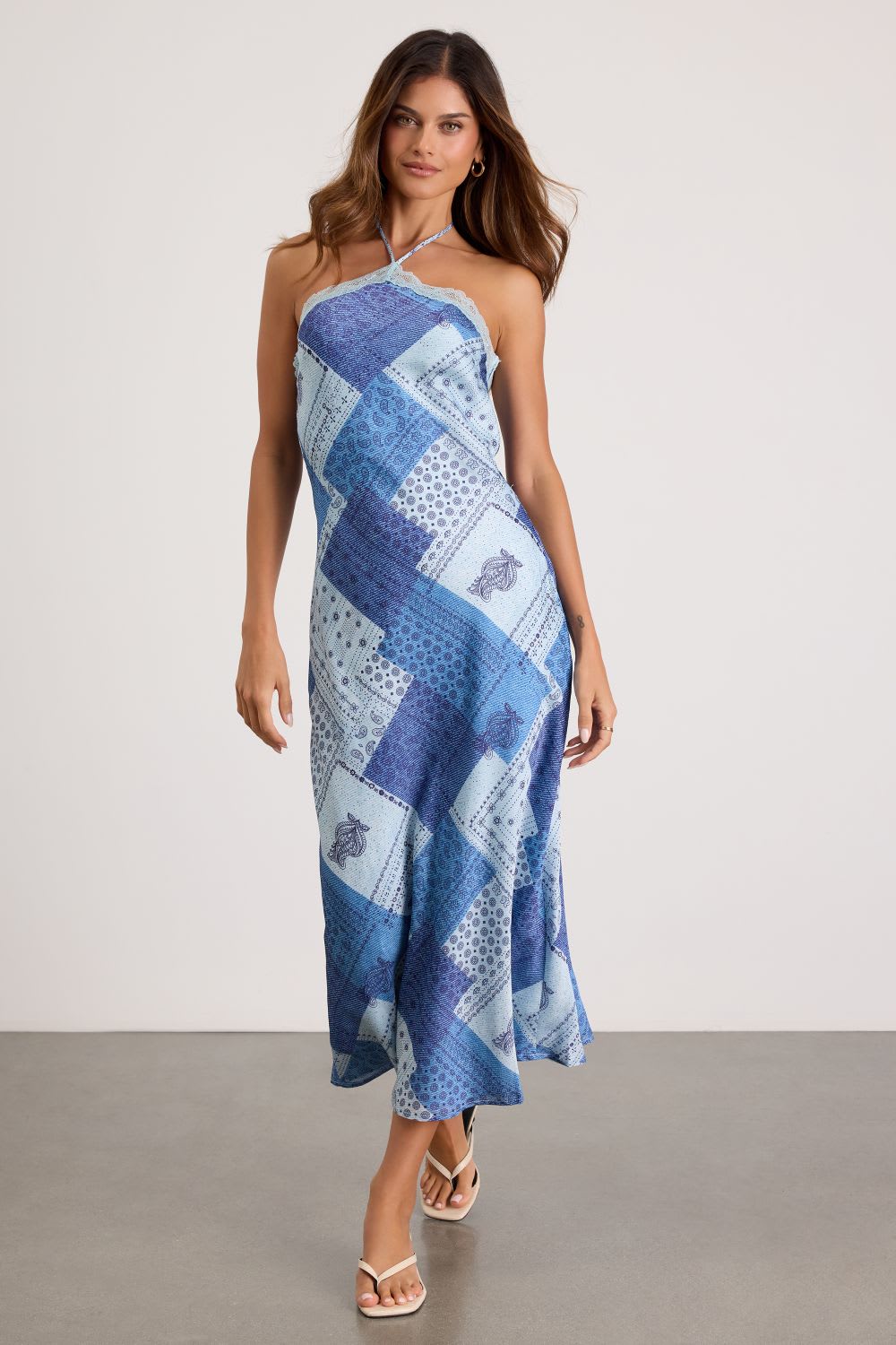 blue patchwork print midi dress