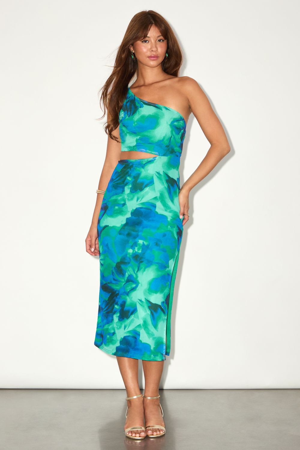 mesh one shoulder midi dress