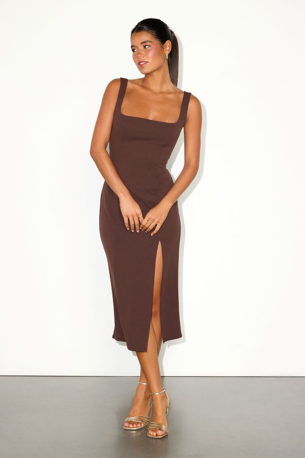 brown midi cocktail dress