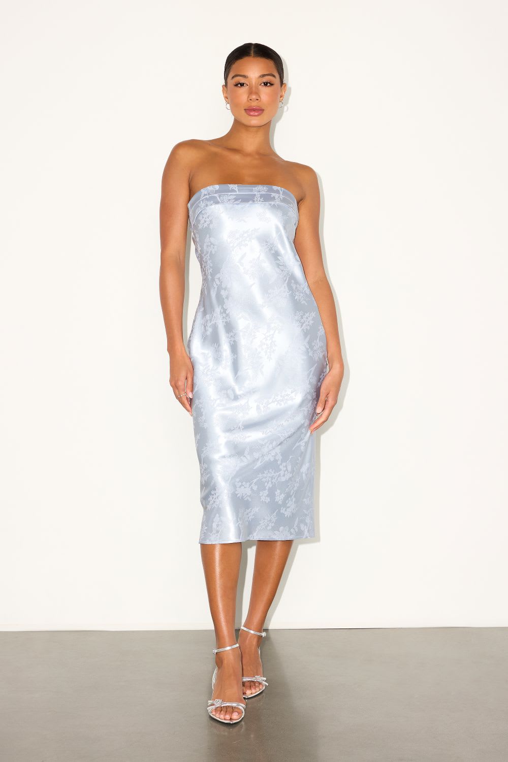 light blue strapless jacquard midi dress