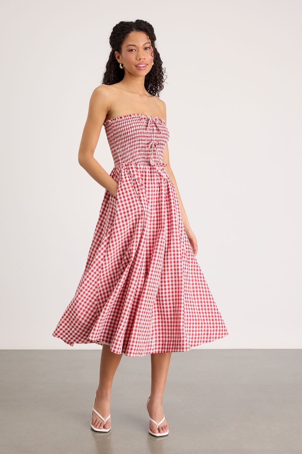 red gingham smocked midi dress