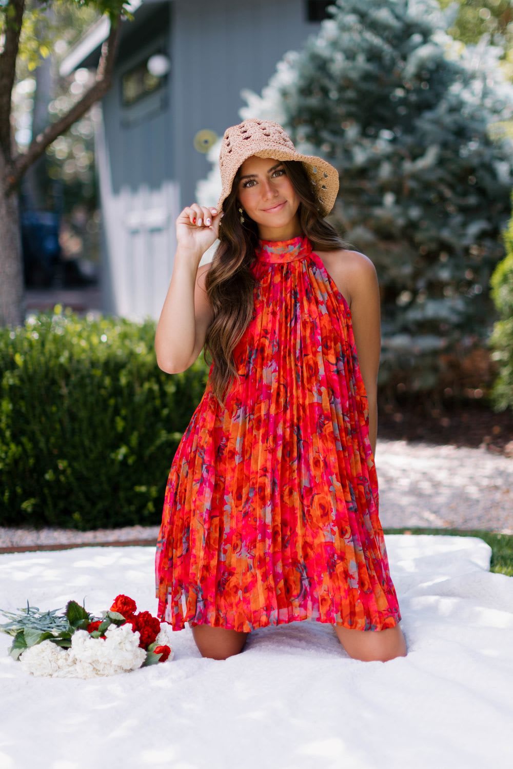 red pleated floral shift dress