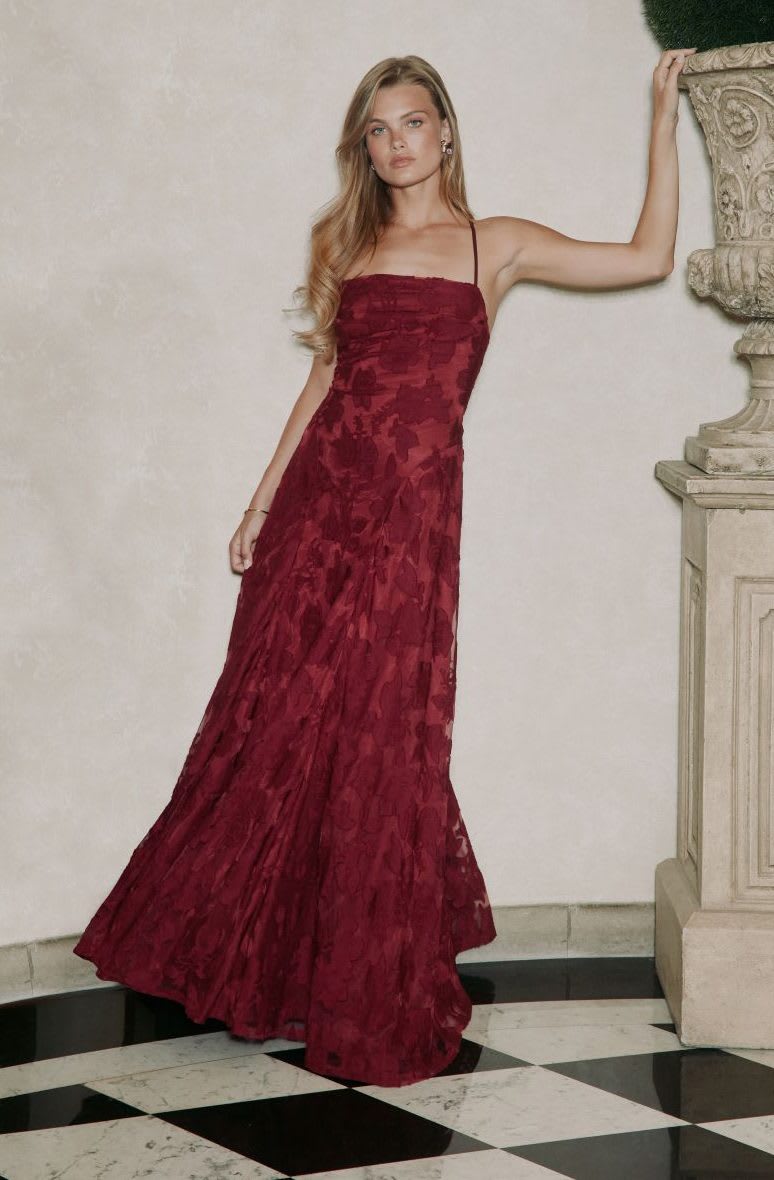 burgundy jacquard bridesmaid dress
