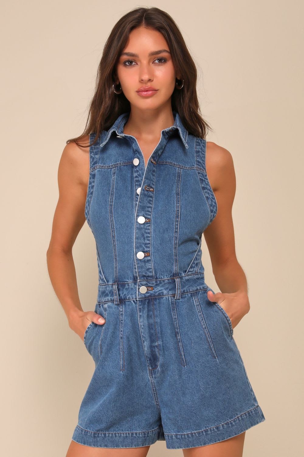 Medium-wash denim collared sleeveless romper