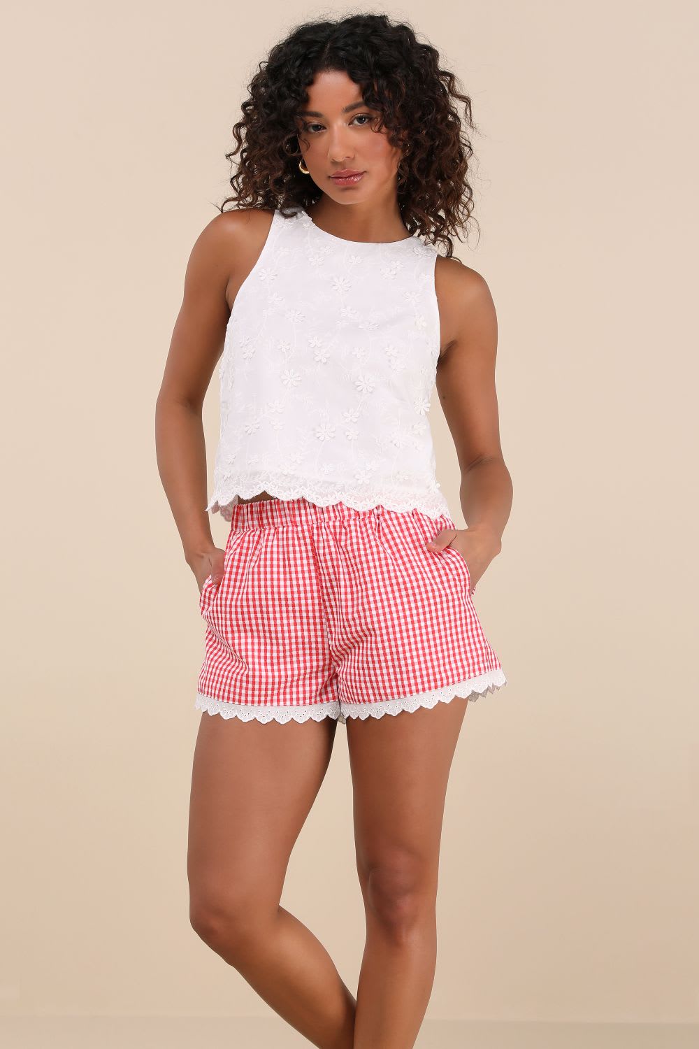 White embroidered tank with red gingham scalloped shorts