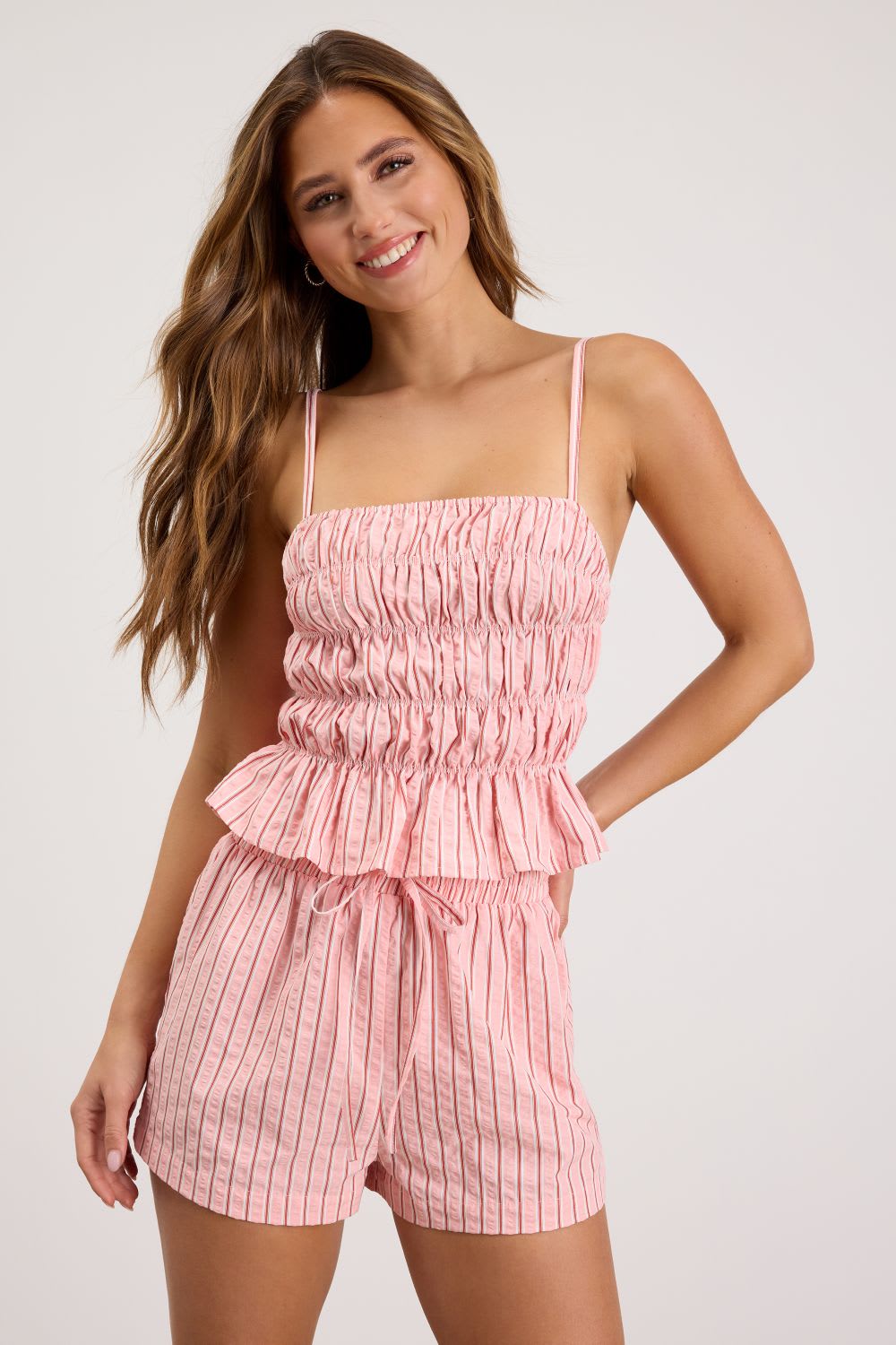 Pink striped smocked tank with matching drawstring shorts