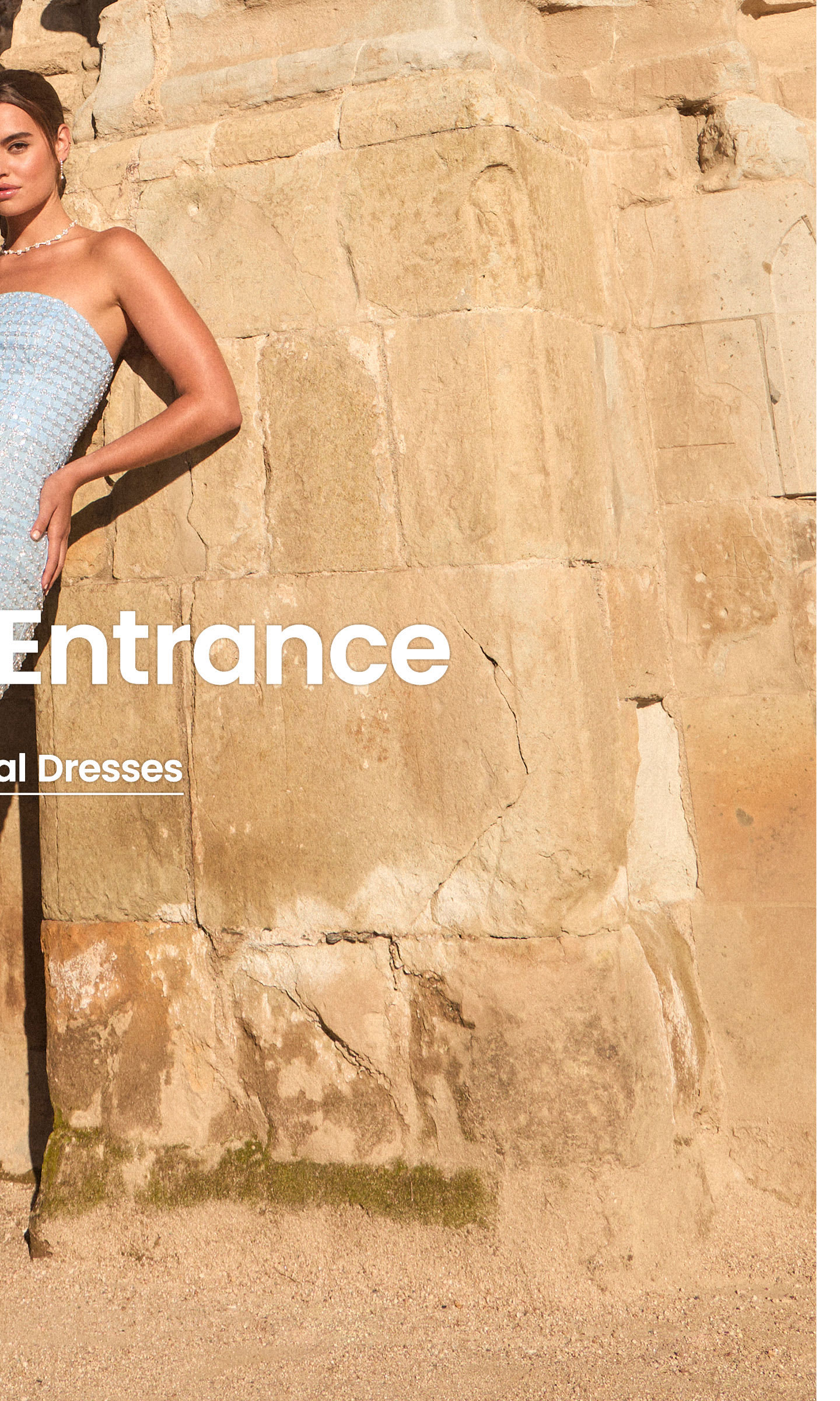 Formal Dresses | Model in Light Blue Pearl Strapless Maxi Dress