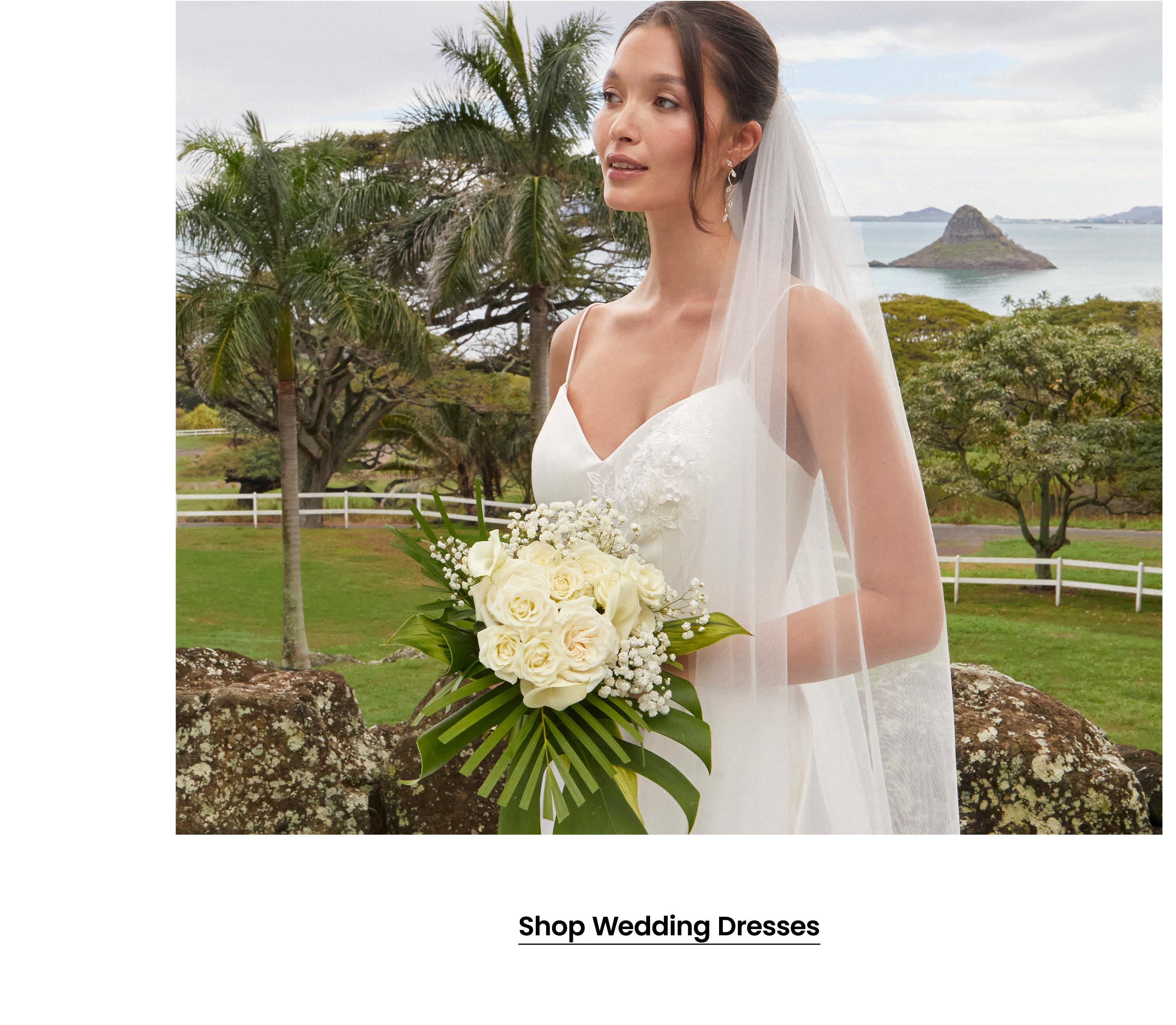 Wedding Dresses | Model in White Satin Floral Embroidered Maxi Dress and Veil