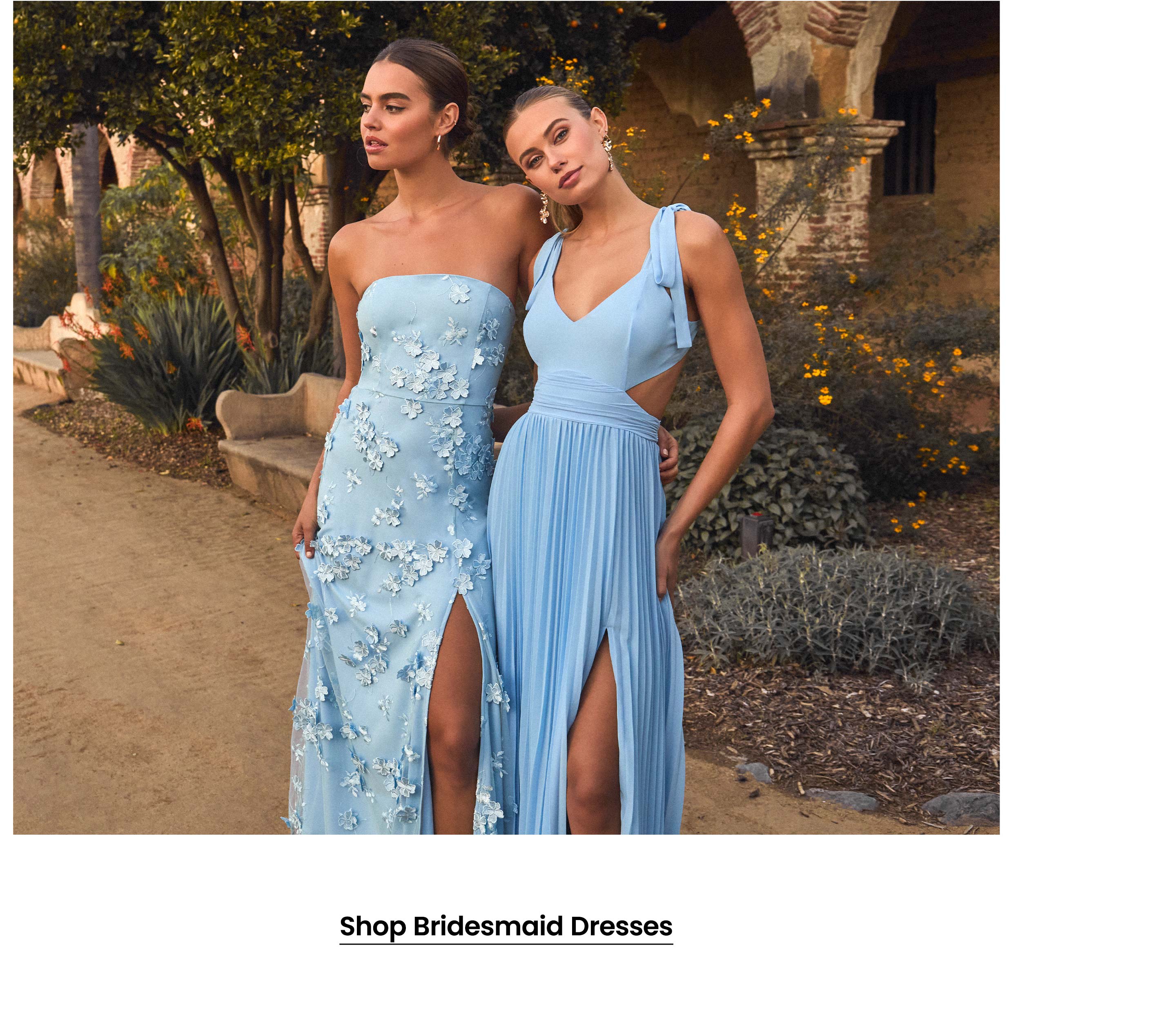 Bridesmaid Dresses | Models in Coordinating Powder Blue 3D Floral Embroidered and Pleated Backless Maxi Dresses