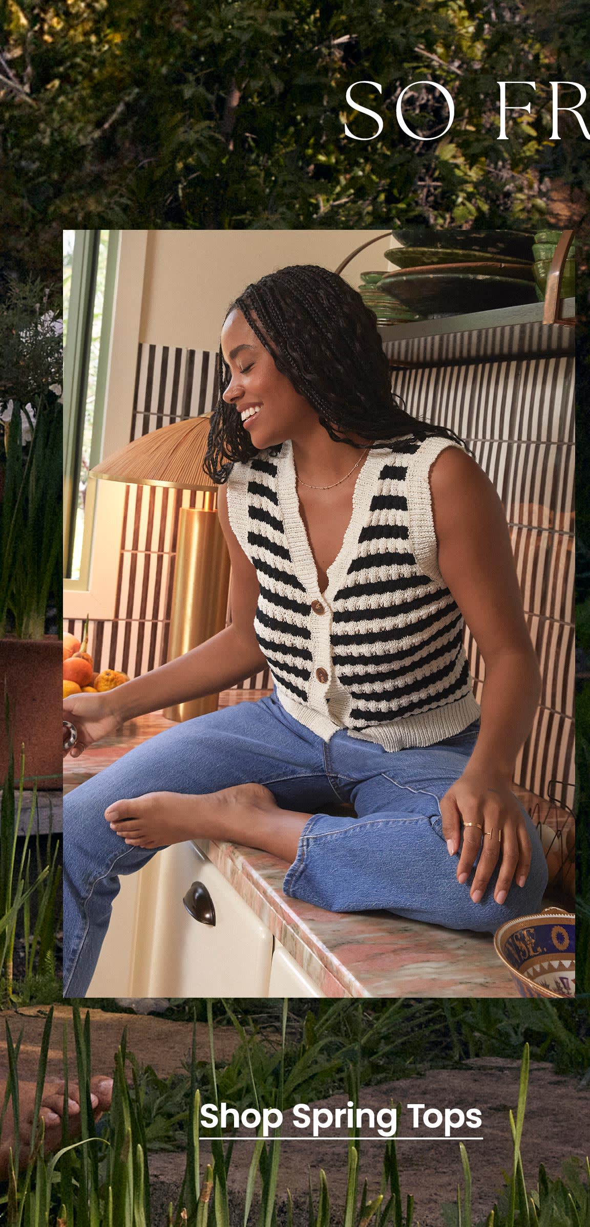 Spring Tops | Model in Ivory and Black Striped Crochet Knit Vest