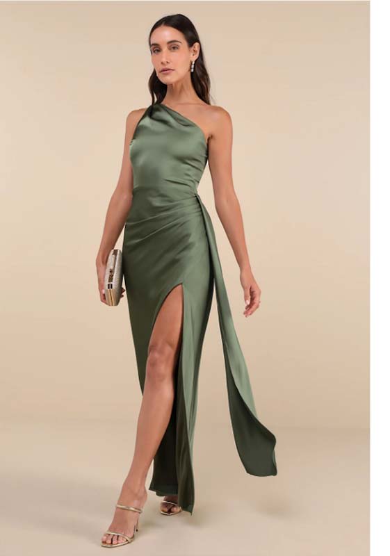 Signature Elegance Olive Green Satin One-Shoulder Maxi Dress