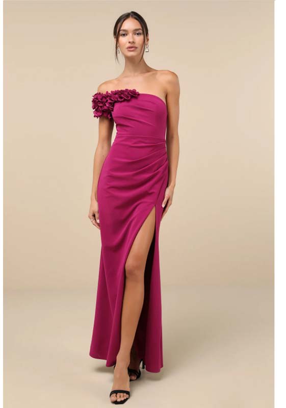 Beyond Elegant Magenta 3D Floral One-Shoulder Maxi Dress
