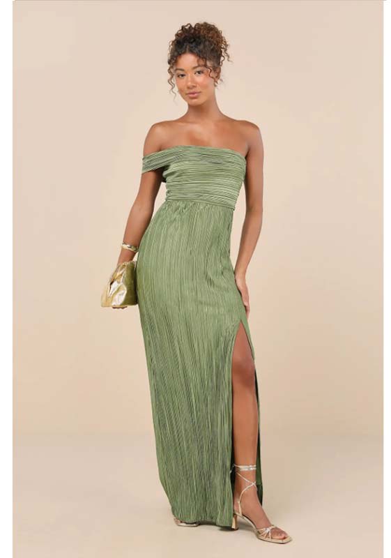 Poised Performance Olive Green Plisse One-Shoulder Maxi Dress