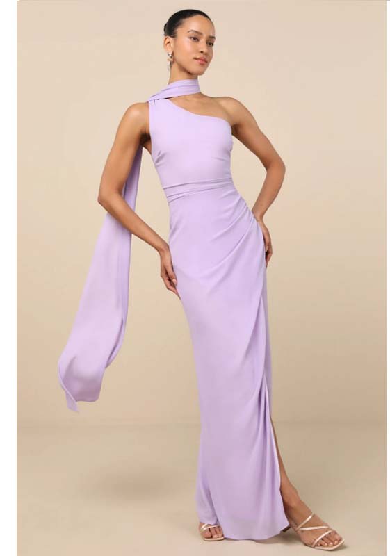 Adeline Lavender One-Shoulder Scarf Maxi Dress