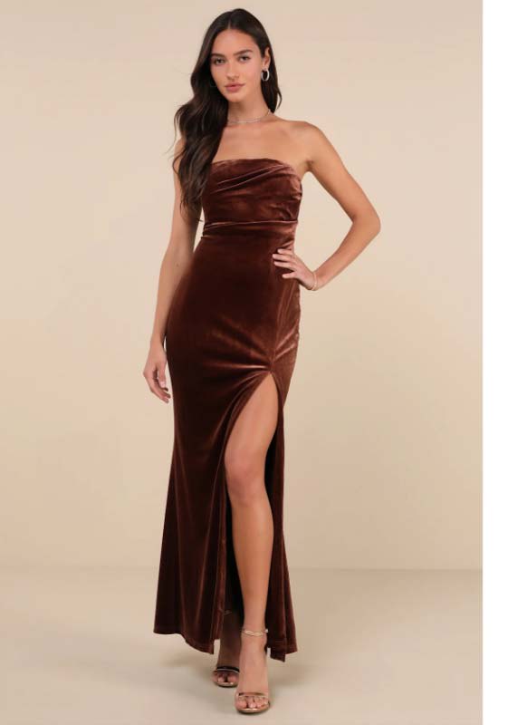 Perfectly Captivating Brown Velvet Strapless Maxi Dress