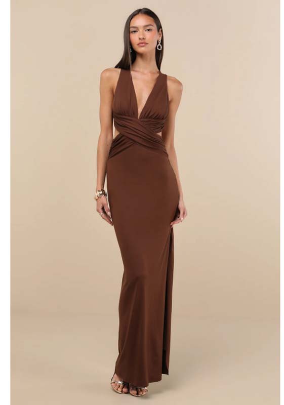 Alexandria Brown Backless Column Maxi Dress