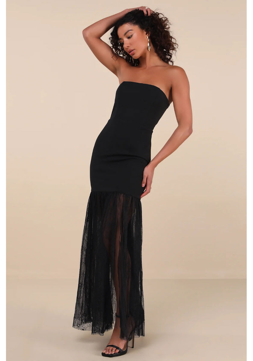 Vesna Black Mixed Media Strapless Maxi Dress