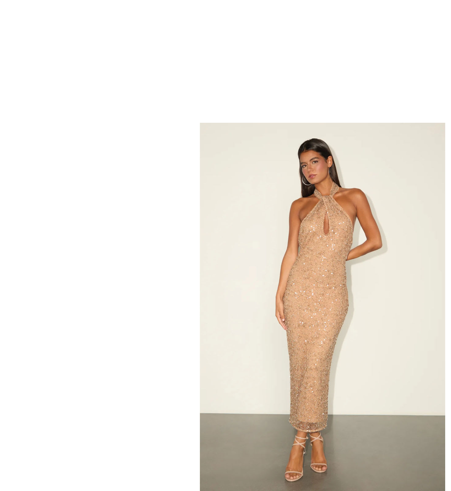 Julianna Beige Sequin Halter Backless Midi Dress
