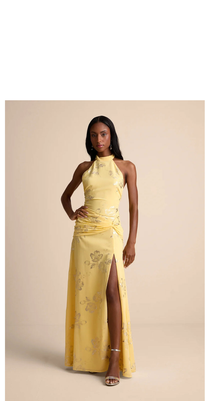 Dayana Yellow Metallic Floral Backless Maxi Dress