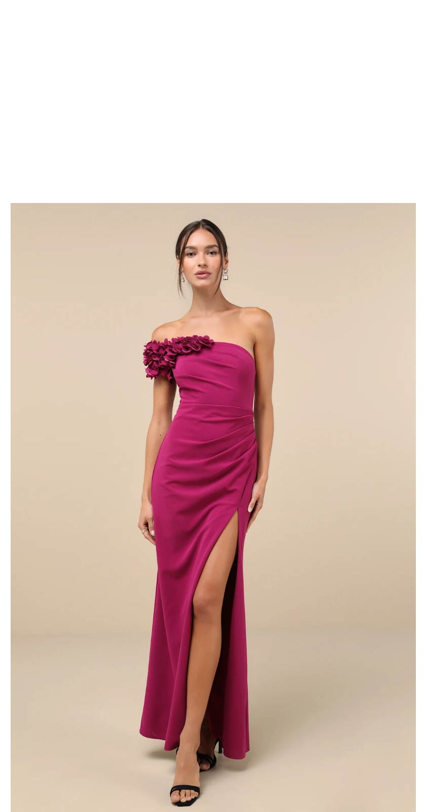 Beyond Elegant Magenta 3D Floral One-Shoulder Maxi Dress