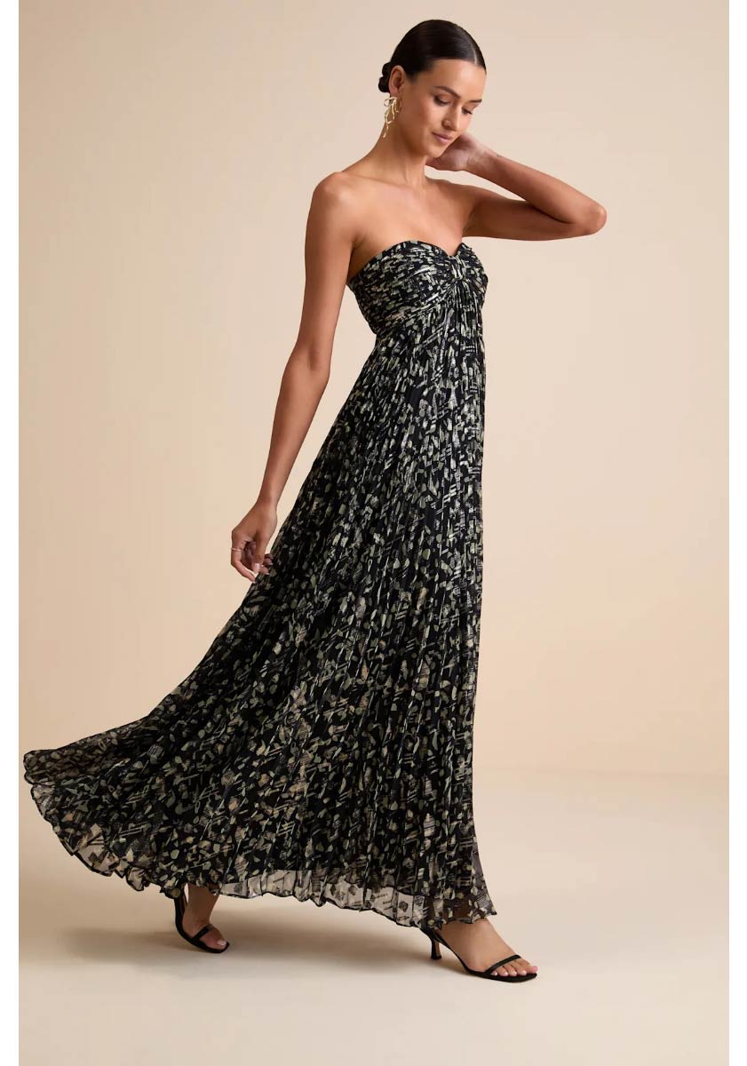 Lynwen Black Abstract Pleated Strapless Maxi Dress